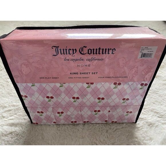 6 Piece Juicy Couture CHERRIES Cherry Argyle Pink Sheet Set King Size NEW - Picture 2 of 15